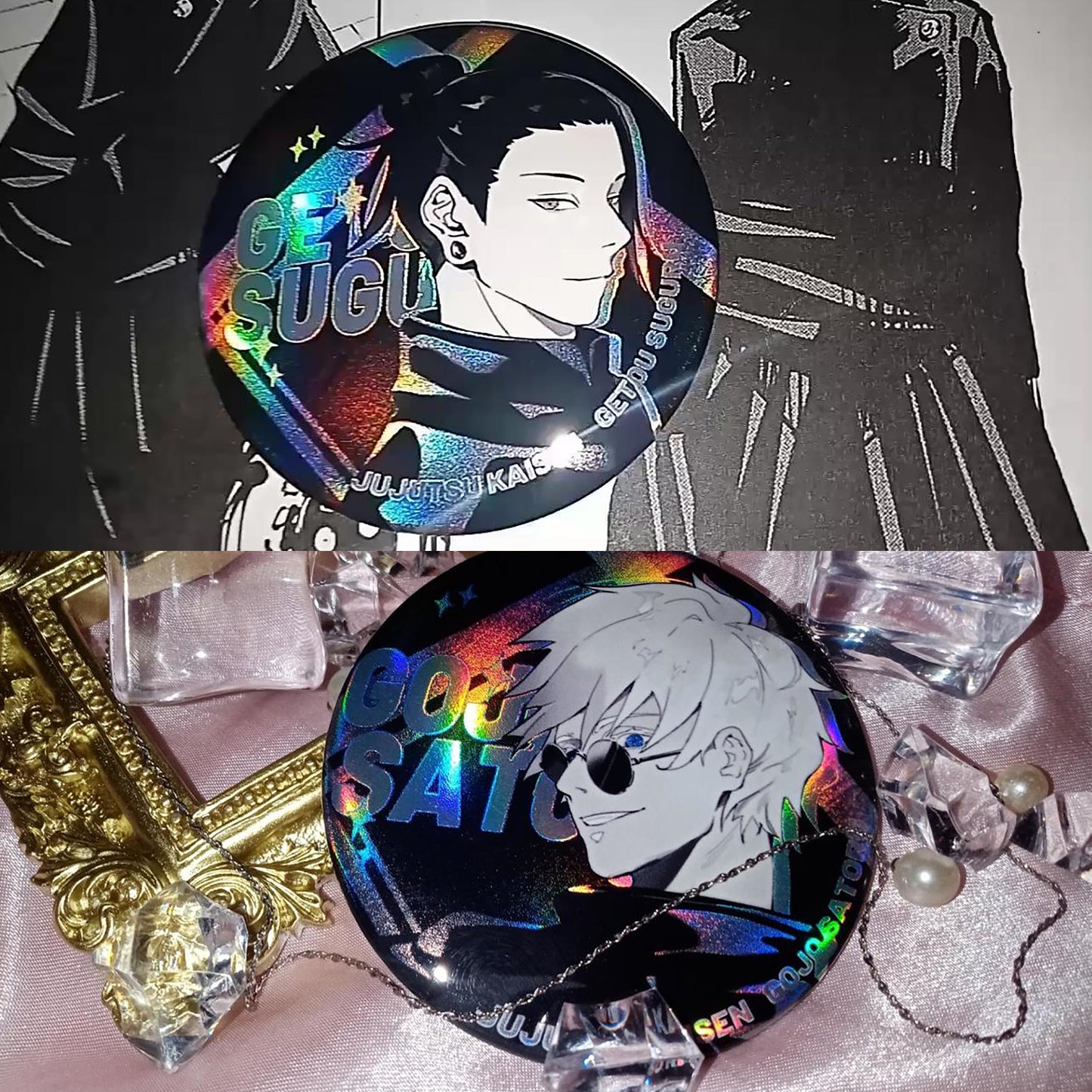 Jujutsu kaisen Manga vibe holographic Button pins set | JJK Satoru Suguru Sukuna Megumi Yuuji Yuta Inumaki