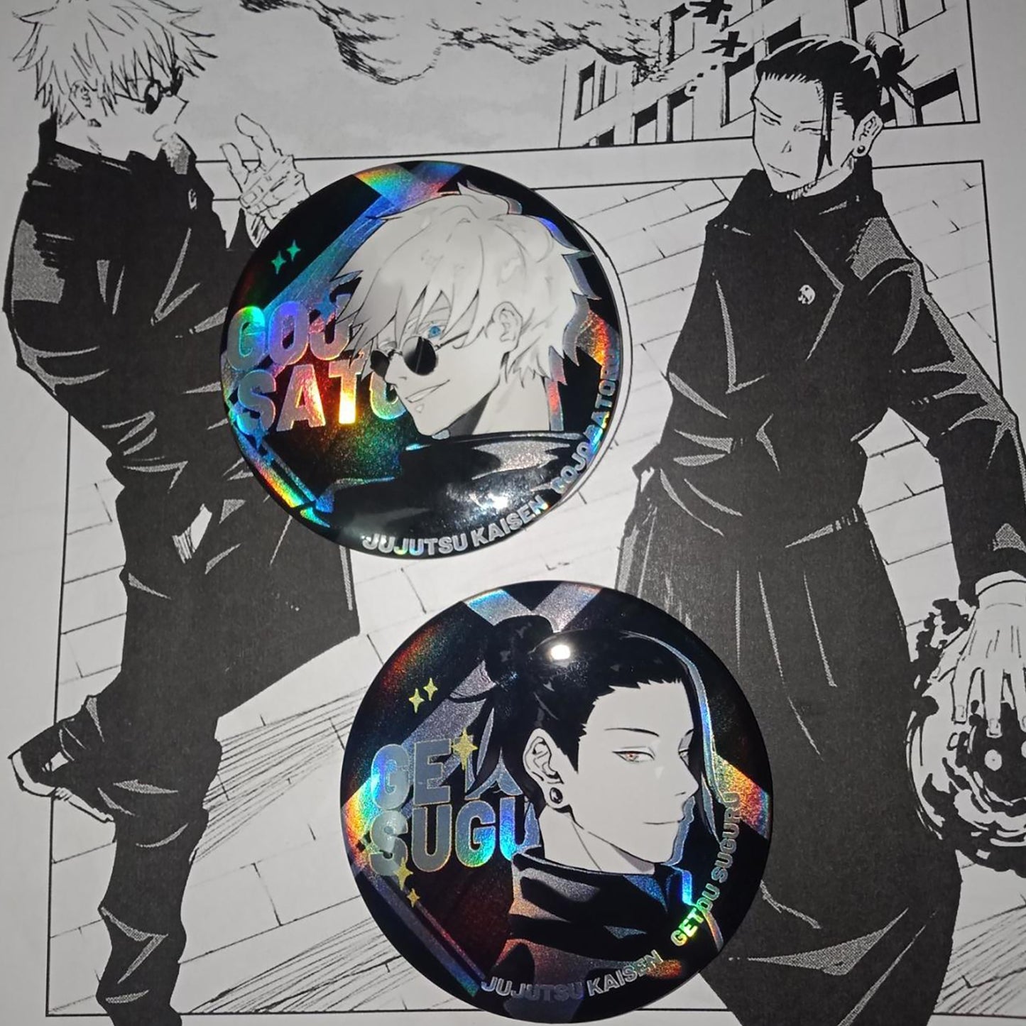 Jujutsu kaisen Manga vibe holographic Button pins set | JJK Satoru Suguru Sukuna Megumi Yuuji Yuta Inumaki