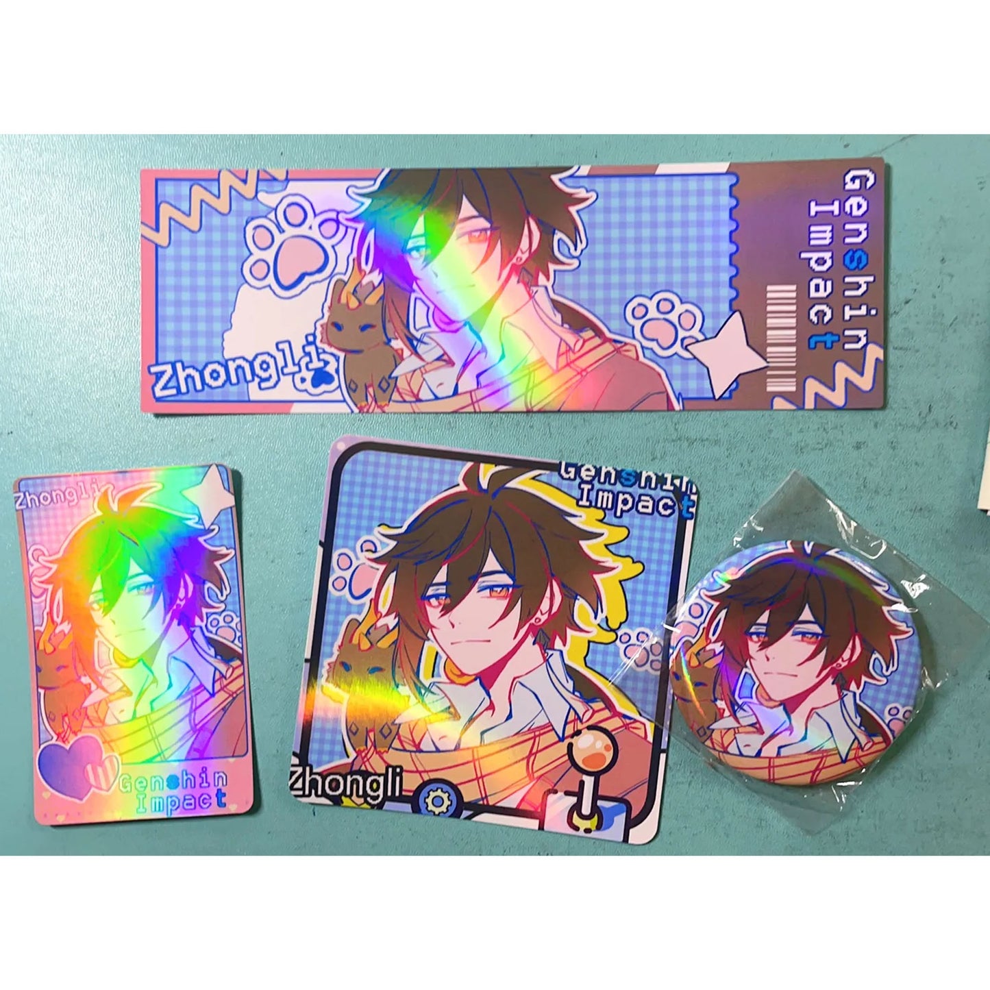 Genshin Impact 4-in-1 holographic photocard & ticket & card & pin set | hologram design