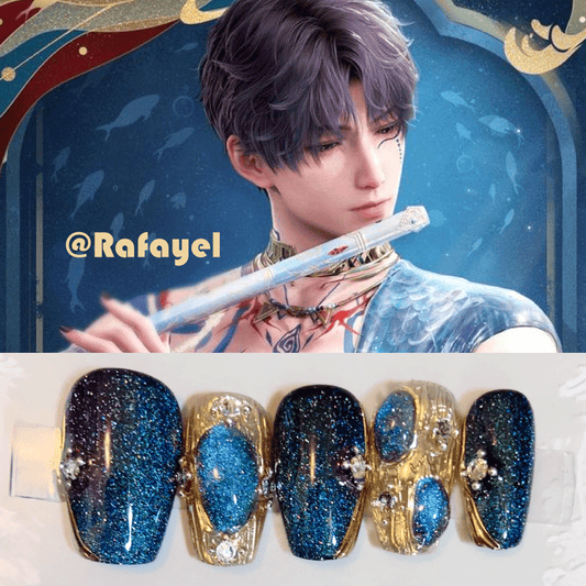 A detailed illustration of a fantasy character with soft purple hair, playing a flute against a backdrop of a deep blue, starry night sky with fish silhouettes. Below, a set of intricately designed nails featuring dark blue glitter and gold accents, adorned with small gemstones.